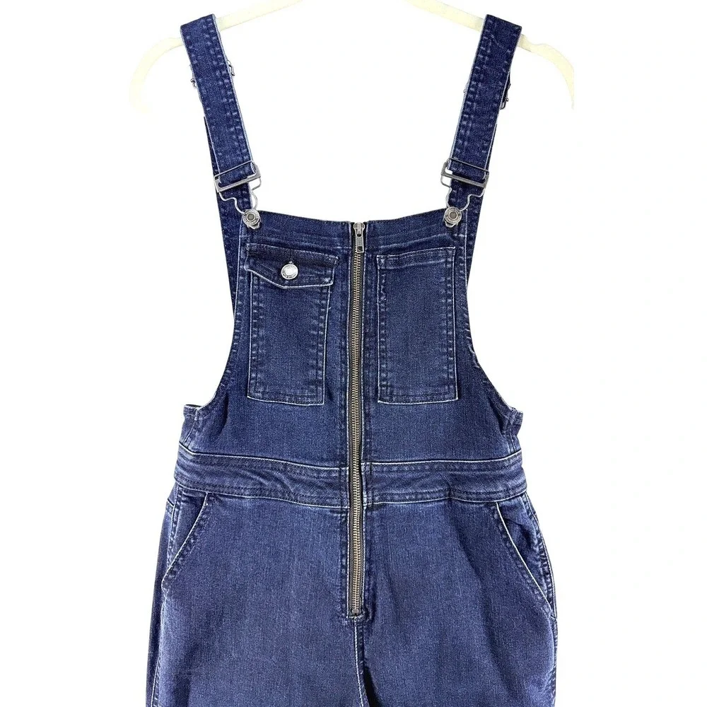 Womens Dark Wash Denim Zip Front Overalls Flare Sz S 70s Retro Festival Tradwife